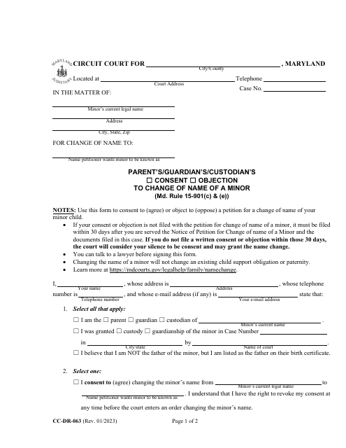 Form CC-DR-063 Parent's/Guardian's/Custodian's Consent/Objection to Change of Name of a Minor - Maryland