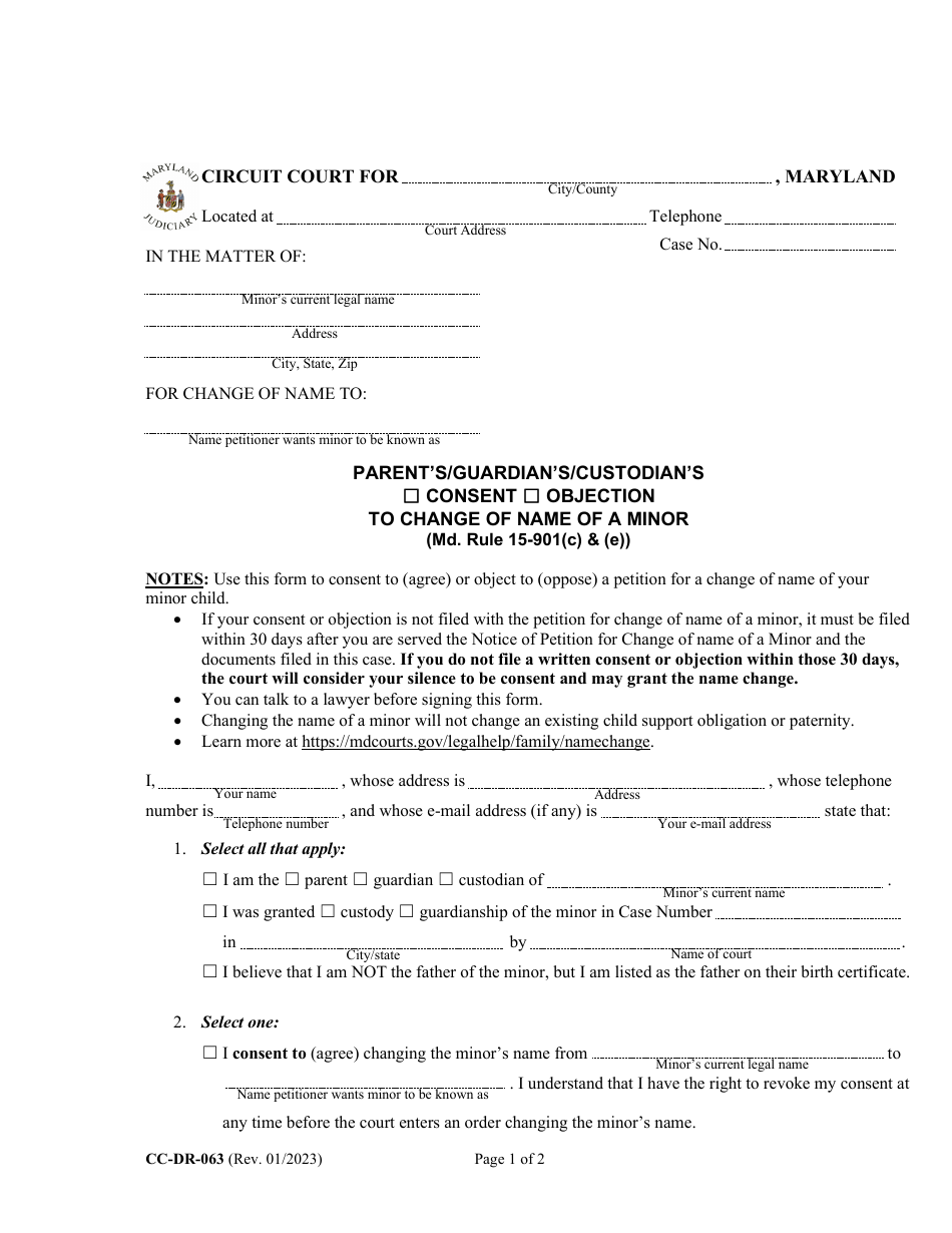 Form CC-DR-063 Parents / Guardians / Custodians Consent / Objection to Change of Name of a Minor - Maryland, Page 1