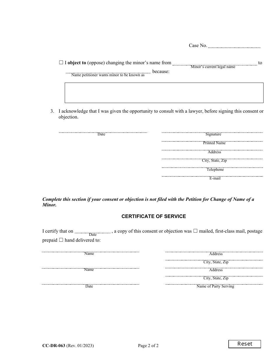 Form CC-DR-063 Parents / Guardians / Custodians Consent / Objection to Change of Name of a Minor - Maryland, Page 2