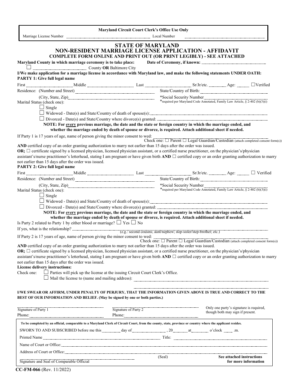 Form CC-FM-066 Non-resident Marriage License Application - Affidavit - Maryland, Page 1