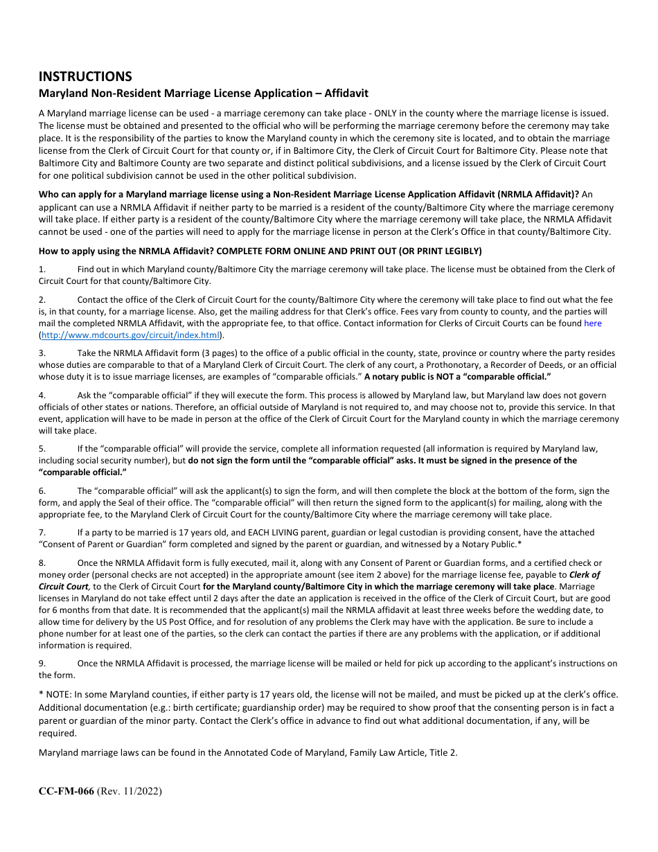 Form CC-FM-066 Non-resident Marriage License Application - Affidavit - Maryland, Page 2
