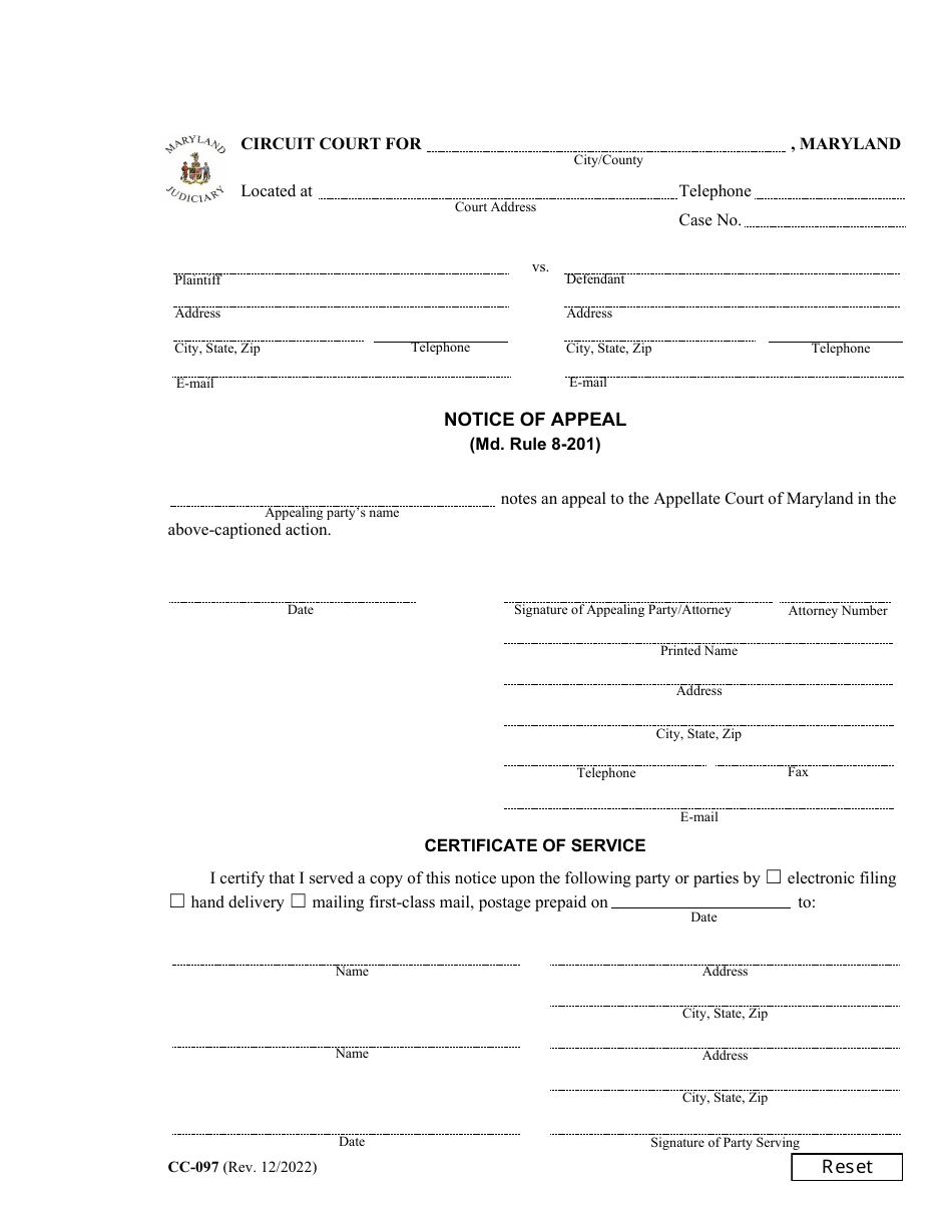 Form CC-097 Notice of Appeal - Maryland, Page 1