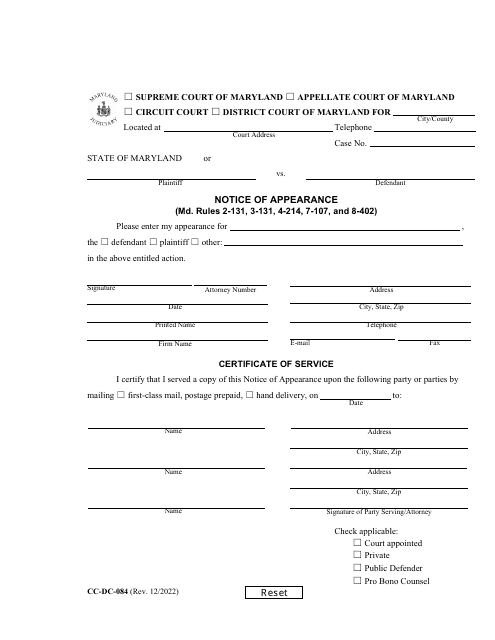 Form CC-DC-084 Notice of Appearance - Maryland