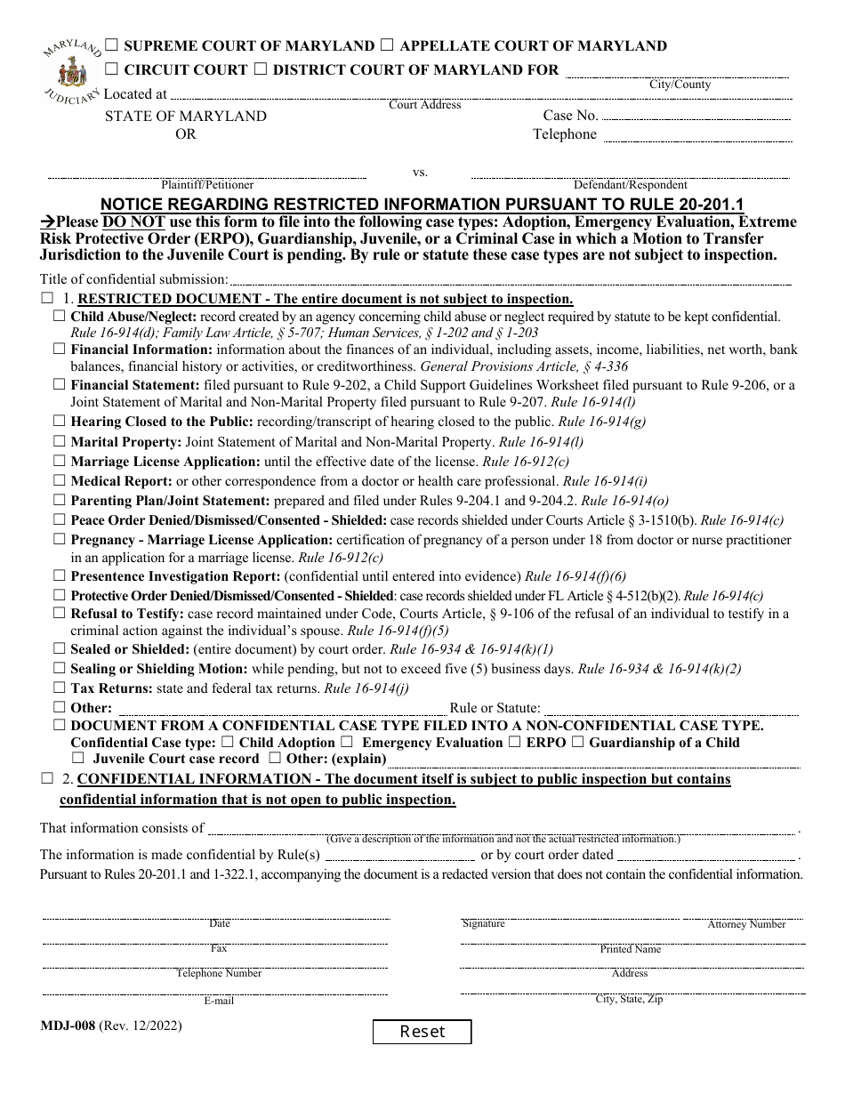 Form MDJ-008 Notice Regarding Restricted Information Pursuant to Rule 20-201.1 - Maryland, Page 1