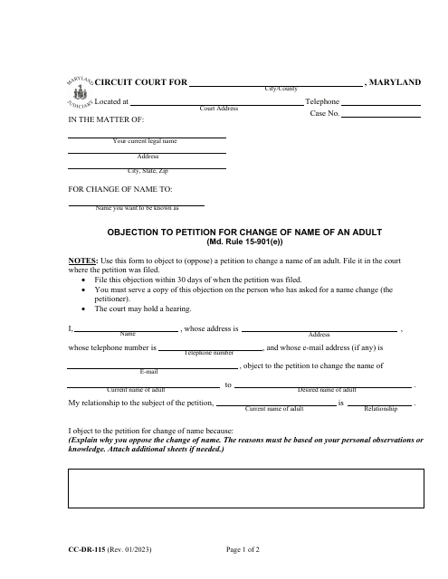 Form CC-DR-115 Objection to Petition for Change of Name of an Adult - Maryland