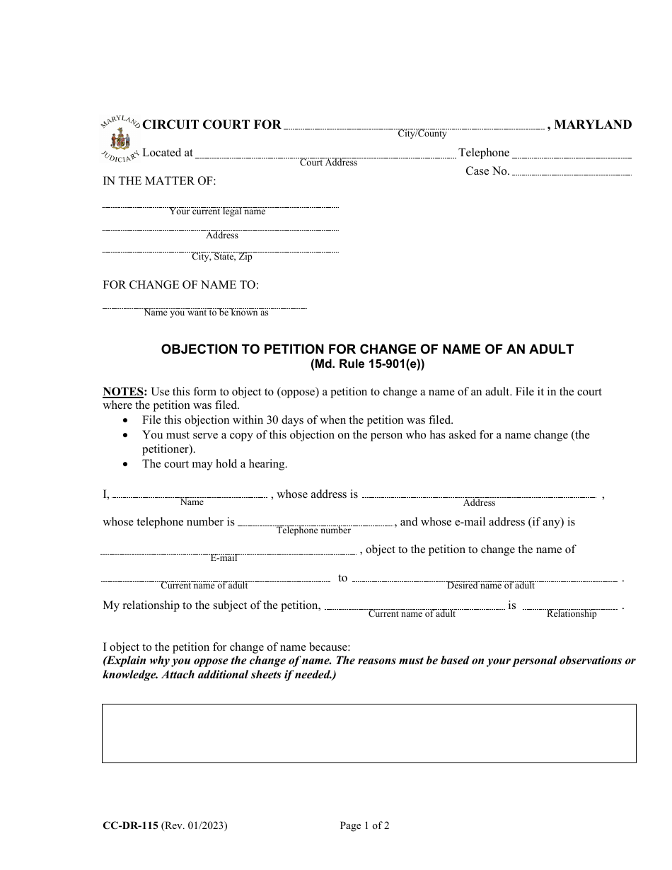Form CC-DR-115 Objection to Petition for Change of Name of an Adult - Maryland, Page 1