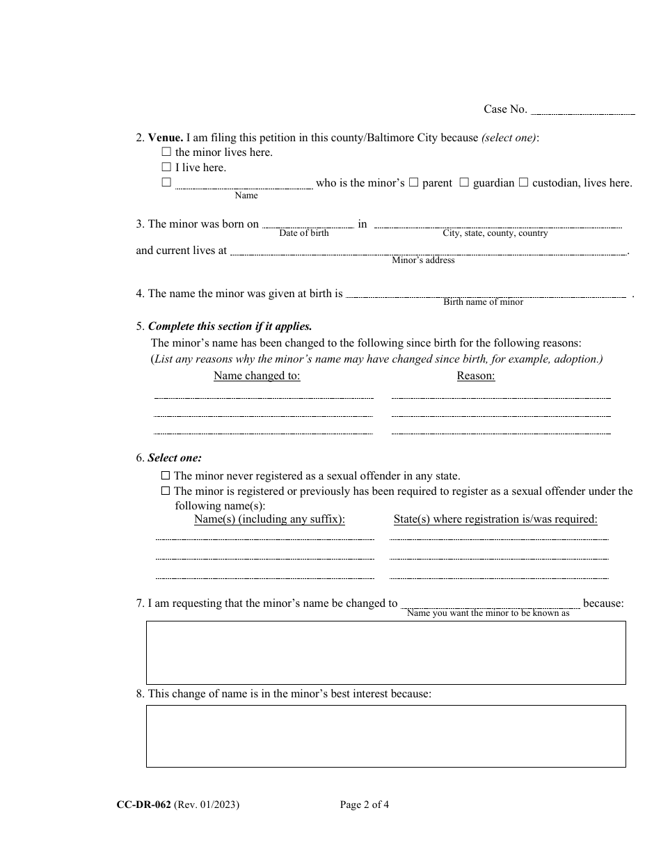 Form CC-DR-062 Petition for Change of Name of a Minor - Maryland, Page 2