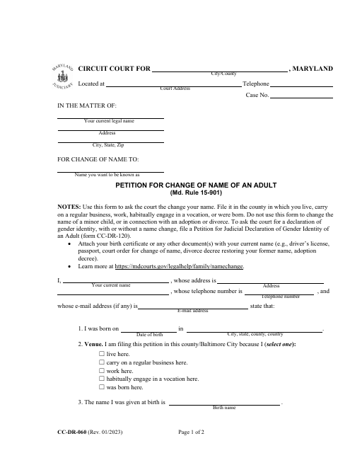 Form CC-DR-060 Petition for Change of Name of an Adult - Maryland