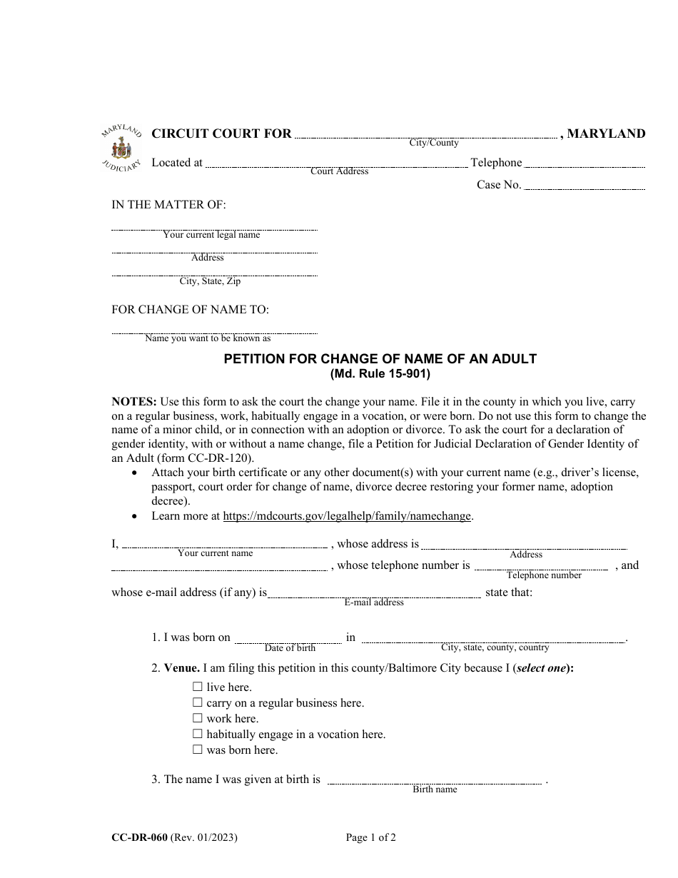 Form CC-DR-060 Petition for Change of Name of an Adult - Maryland, Page 1