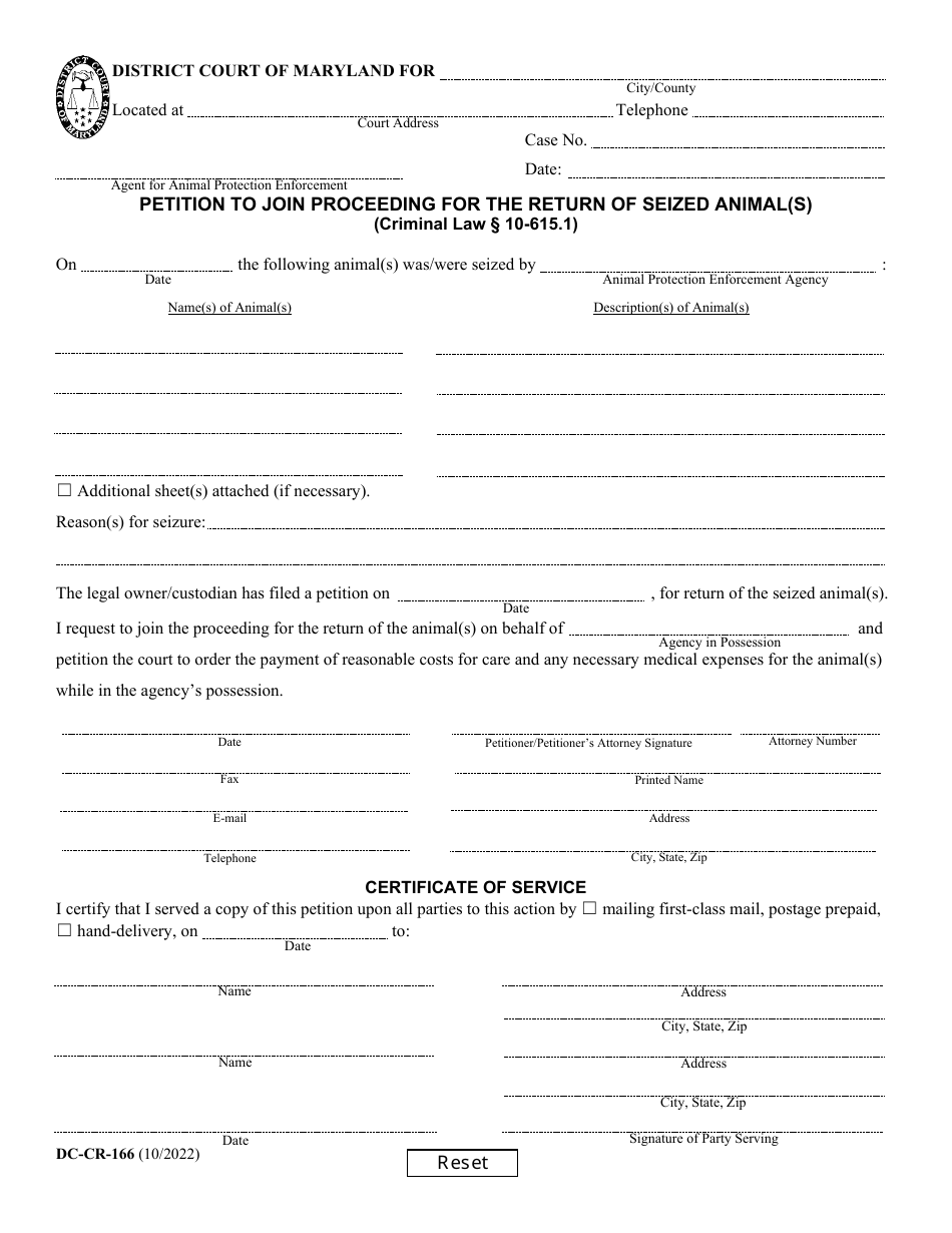 Form DC-CR-166 Petition to Join Proceeding for the Return of Seized Animal(S) - Maryland, Page 1