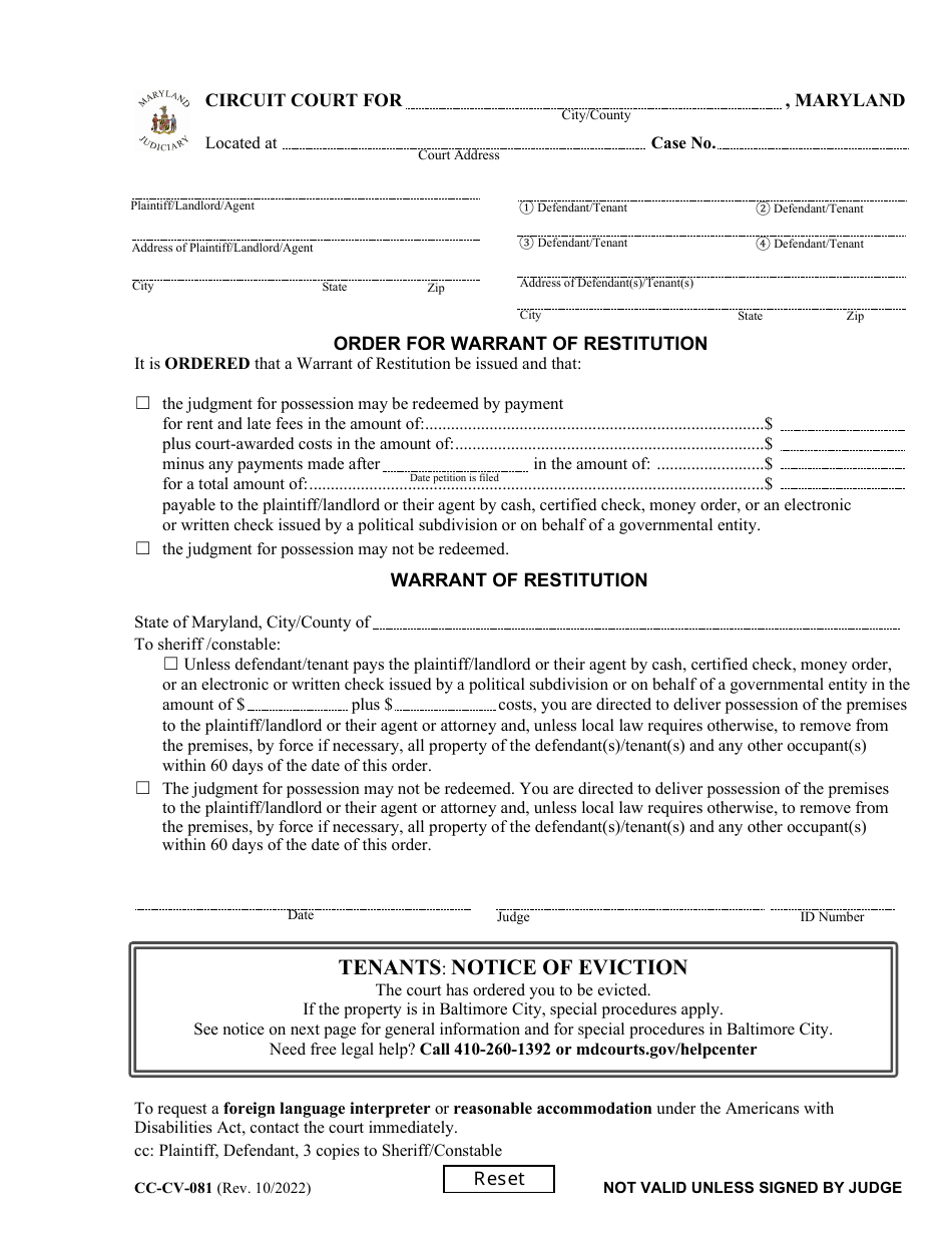 Form CC-CV-081 Petition for Warrant of Restitution - Maryland, Page 2