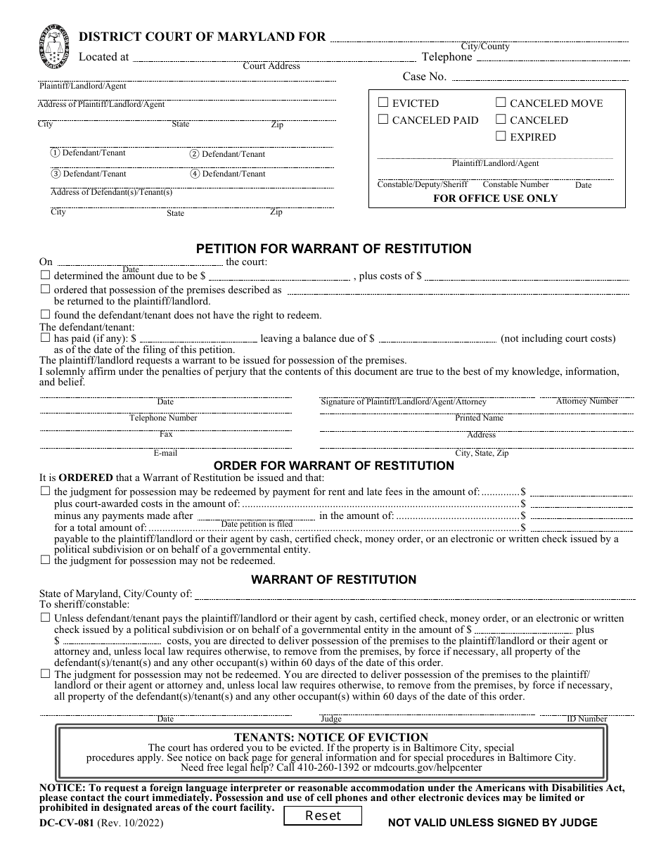 Form DC-CV-081 Petition for Warrant of Restitution - Maryland (English / Spanish), Page 1