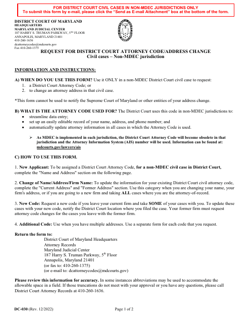 Form DC-030 Request for District Court Attorney Code/Address Change (In District Court Civil, Non-mdec Cases Only) - Maryland