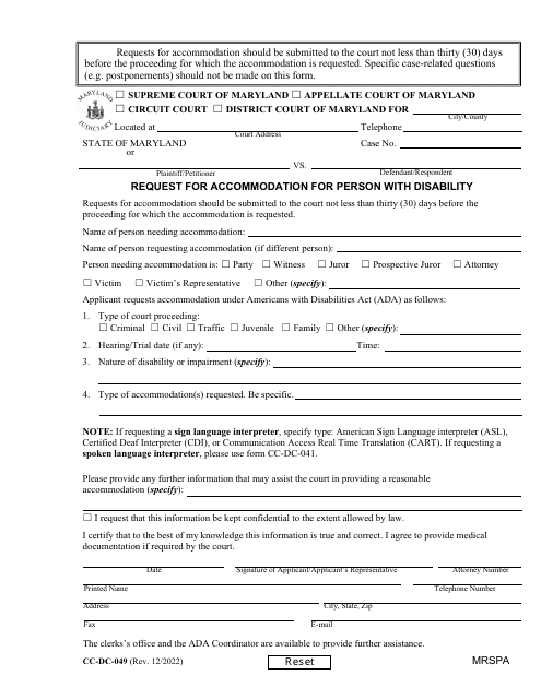 Form CC-DC-049 Request for Accommodation for Person With Disability - Maryland