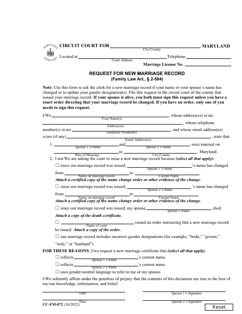 Form CC-FM-072 Request for New Marriage Record - Maryland