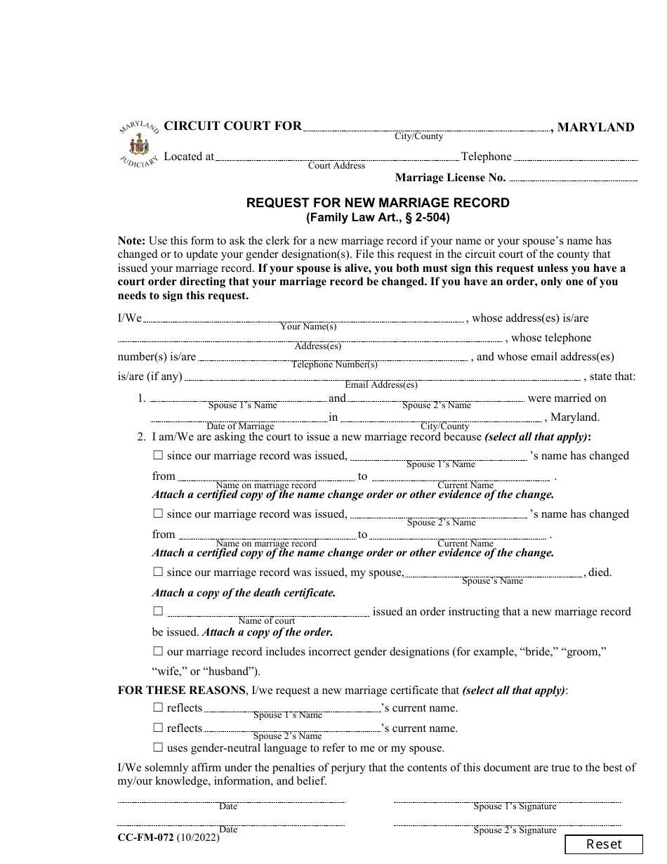 Form CC-FM-072 Request for New Marriage Record - Maryland, Page 1