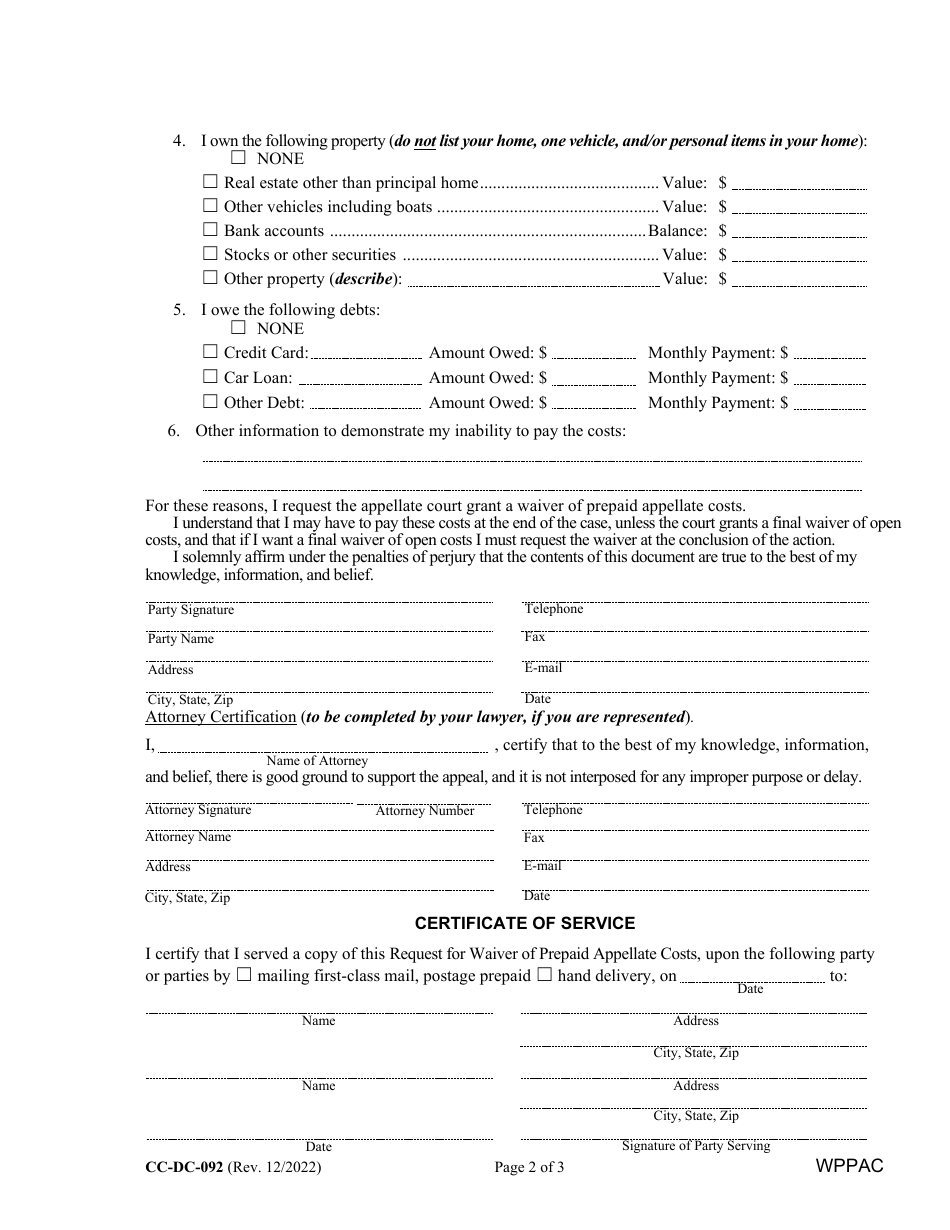 Form CC-DC-092 Request for Waiver of Prepaid Appellate Costs - Maryland, Page 2