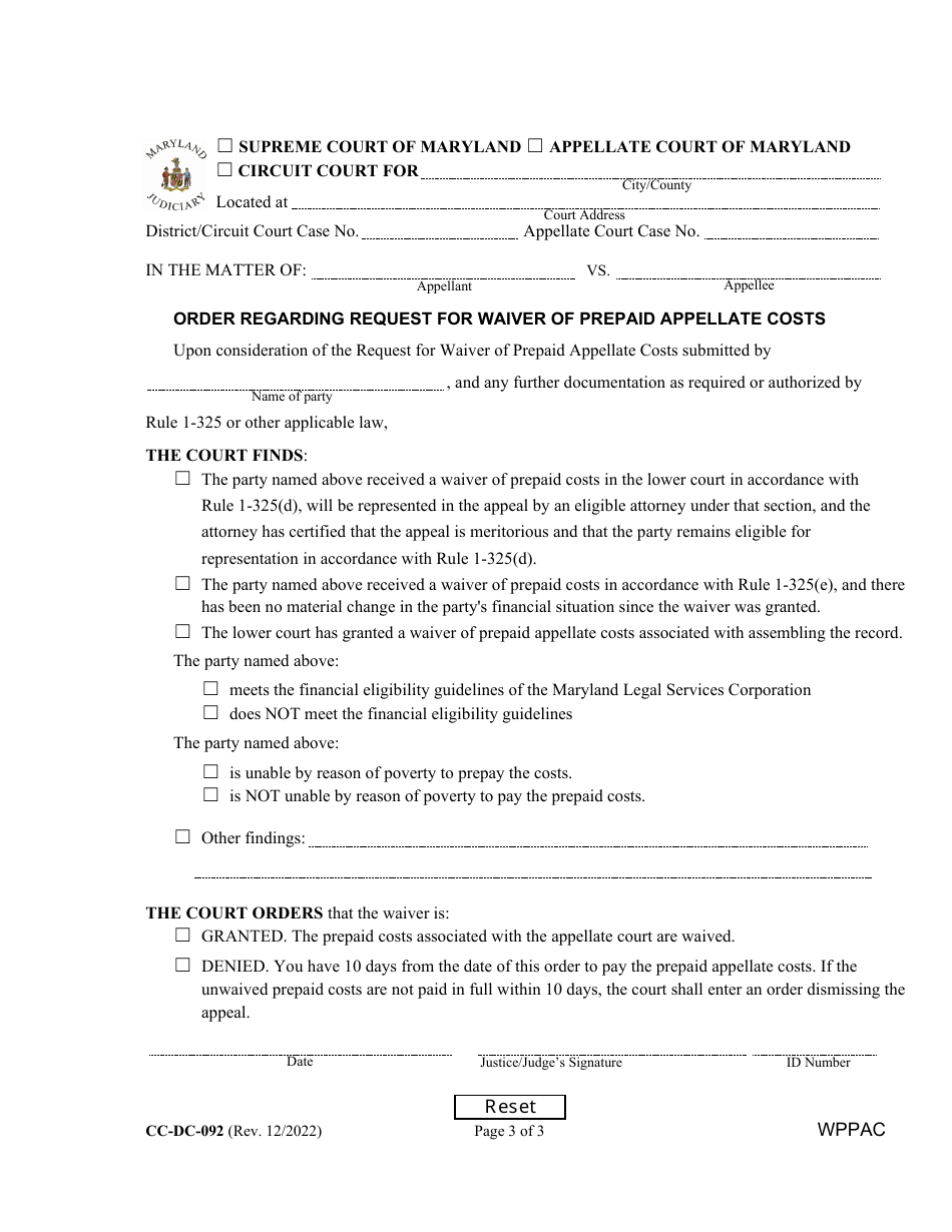 Form CC-DC-092 Request for Waiver of Prepaid Appellate Costs - Maryland, Page 3