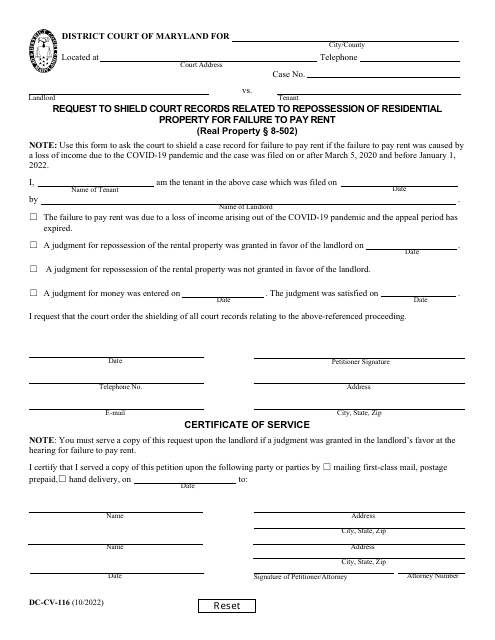 Form DC-CV-116 Request to Shield Court Records Related to Repossession of Residential Property for Failure to Pay Rent - Maryland