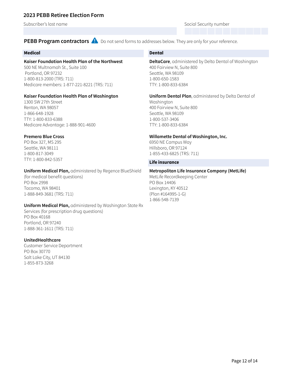 Form A (HCA51-4031) Pebb Retiree Election Form - Washington, Page 12