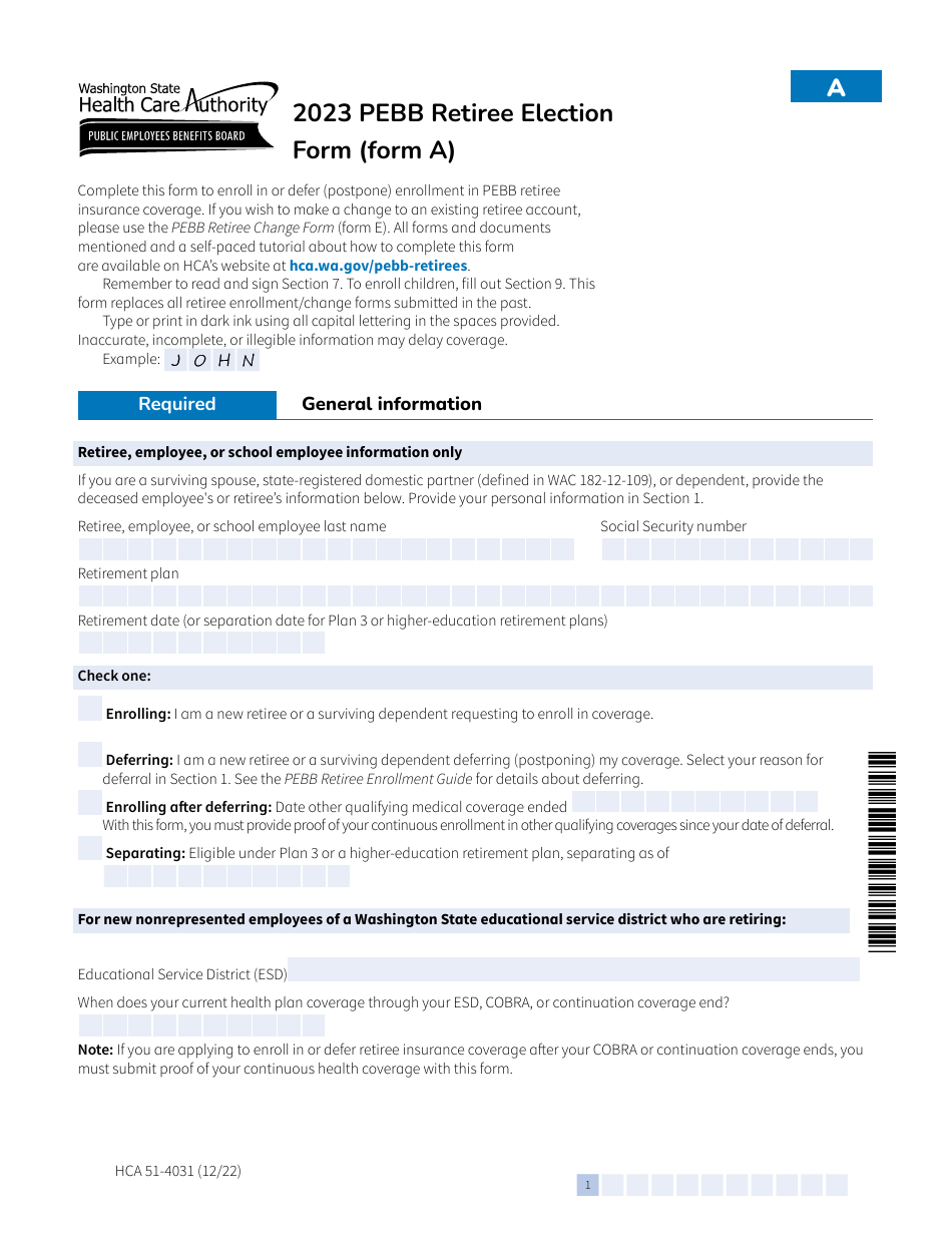 Form A (HCA51-4031) Pebb Retiree Election Form - Washington, Page 1