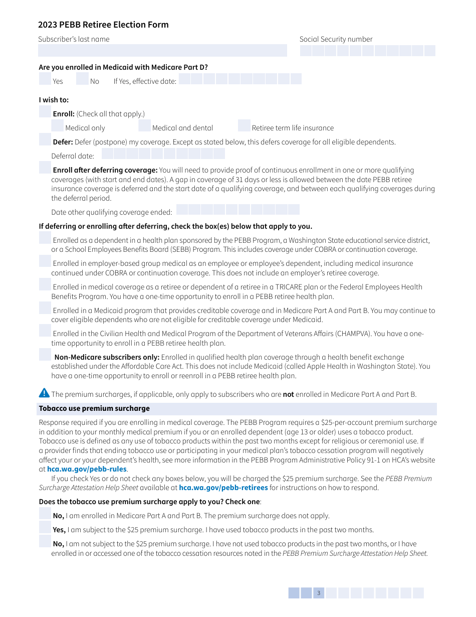 Form A (HCA51-4031) Pebb Retiree Election Form - Washington, Page 3