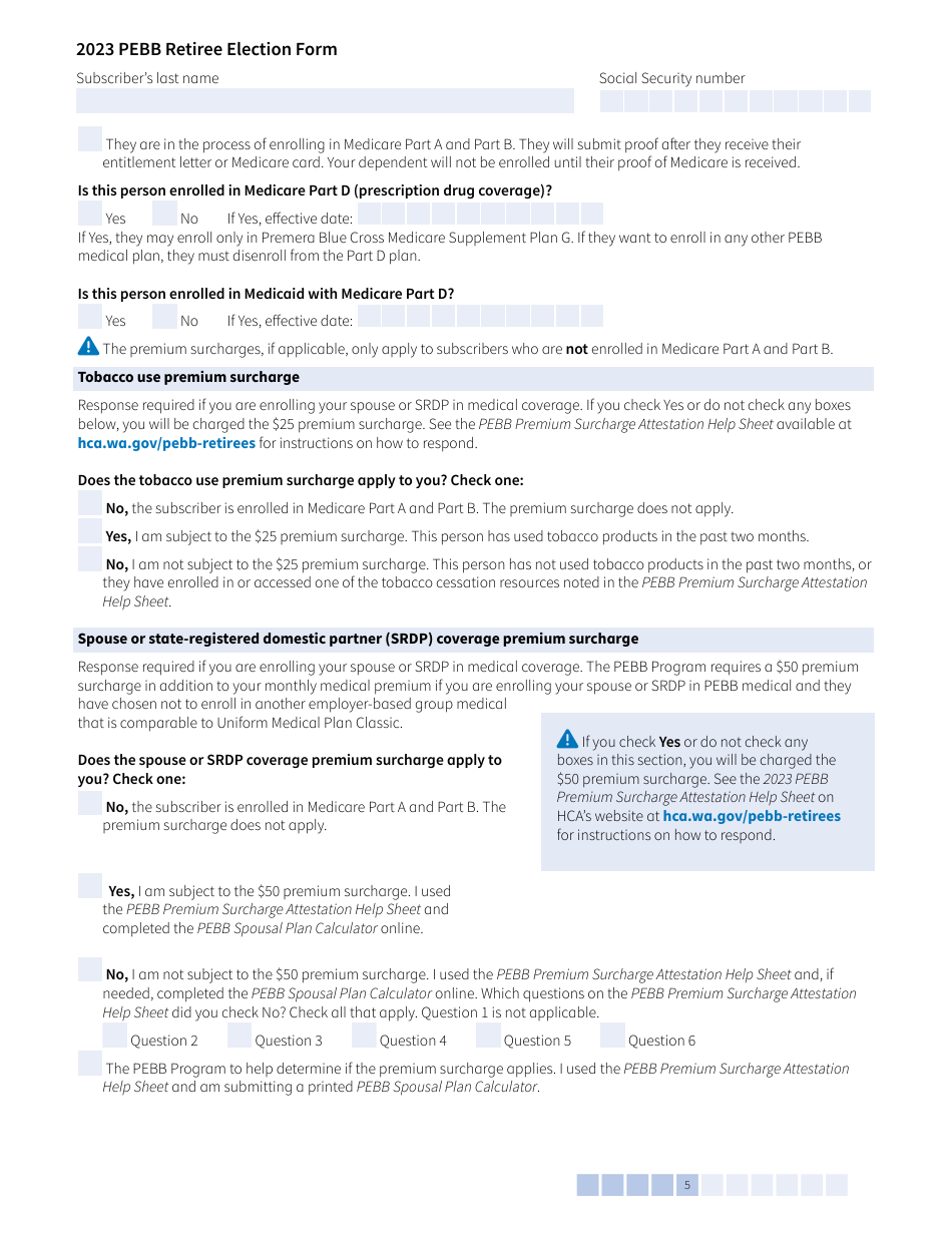 Form A (HCA51-4031) Pebb Retiree Election Form - Washington, Page 5