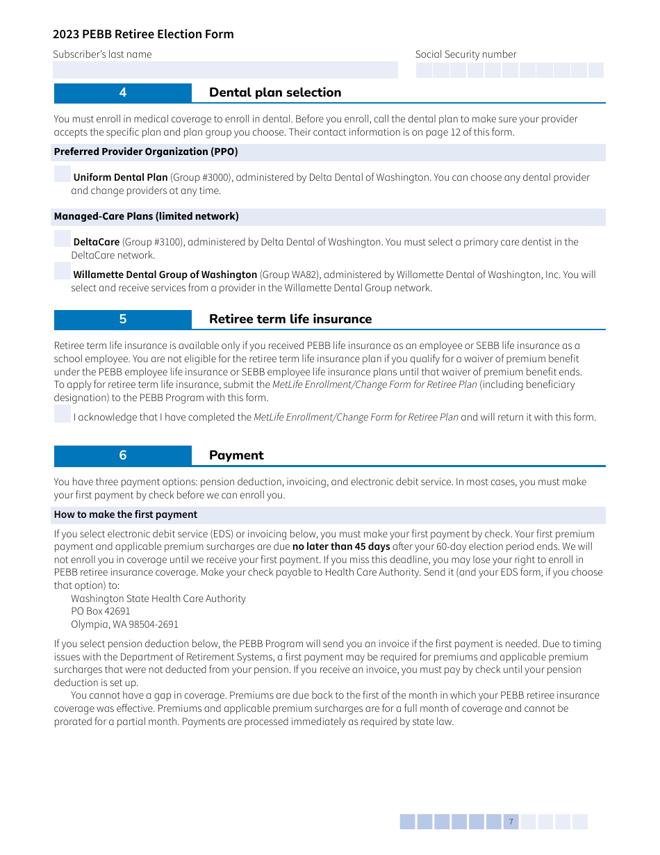 Form A (HCA51-4031) Pebb Retiree Election Form - Washington, Page 7