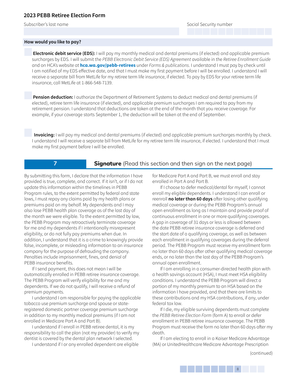 Form A (HCA51-4031) Pebb Retiree Election Form - Washington, Page 8