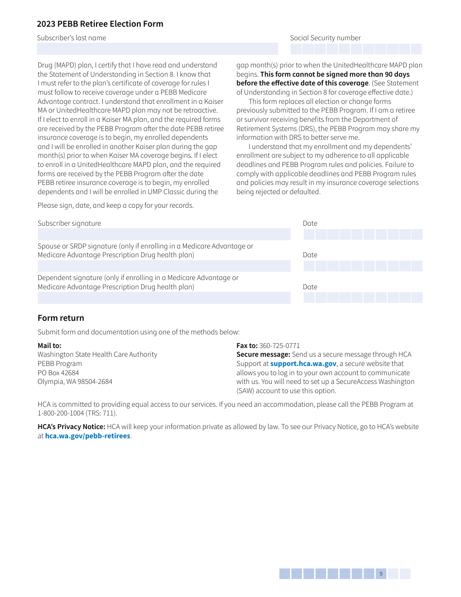 Form A (HCA51-4031) Pebb Retiree Election Form - Washington, Page 9
