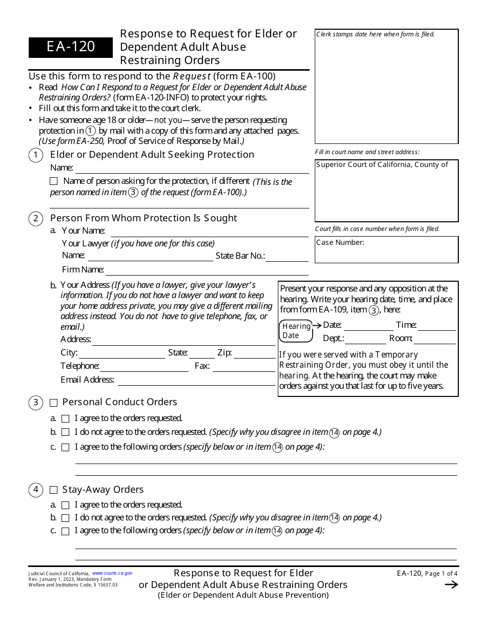 Form EA-120 Response to Request for Elder or Dependent Adult Abuse Restraining Orders (Elder or Dependent Adult Abuse Prevention) - California, Page 1