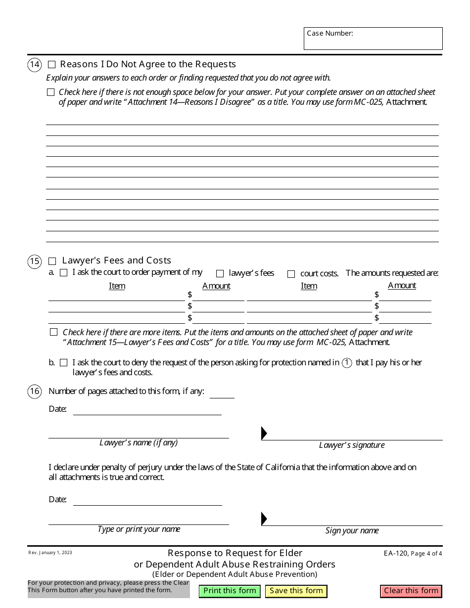 Form EA-120 Response to Request for Elder or Dependent Adult Abuse Restraining Orders (Elder or Dependent Adult Abuse Prevention) - California, Page 4