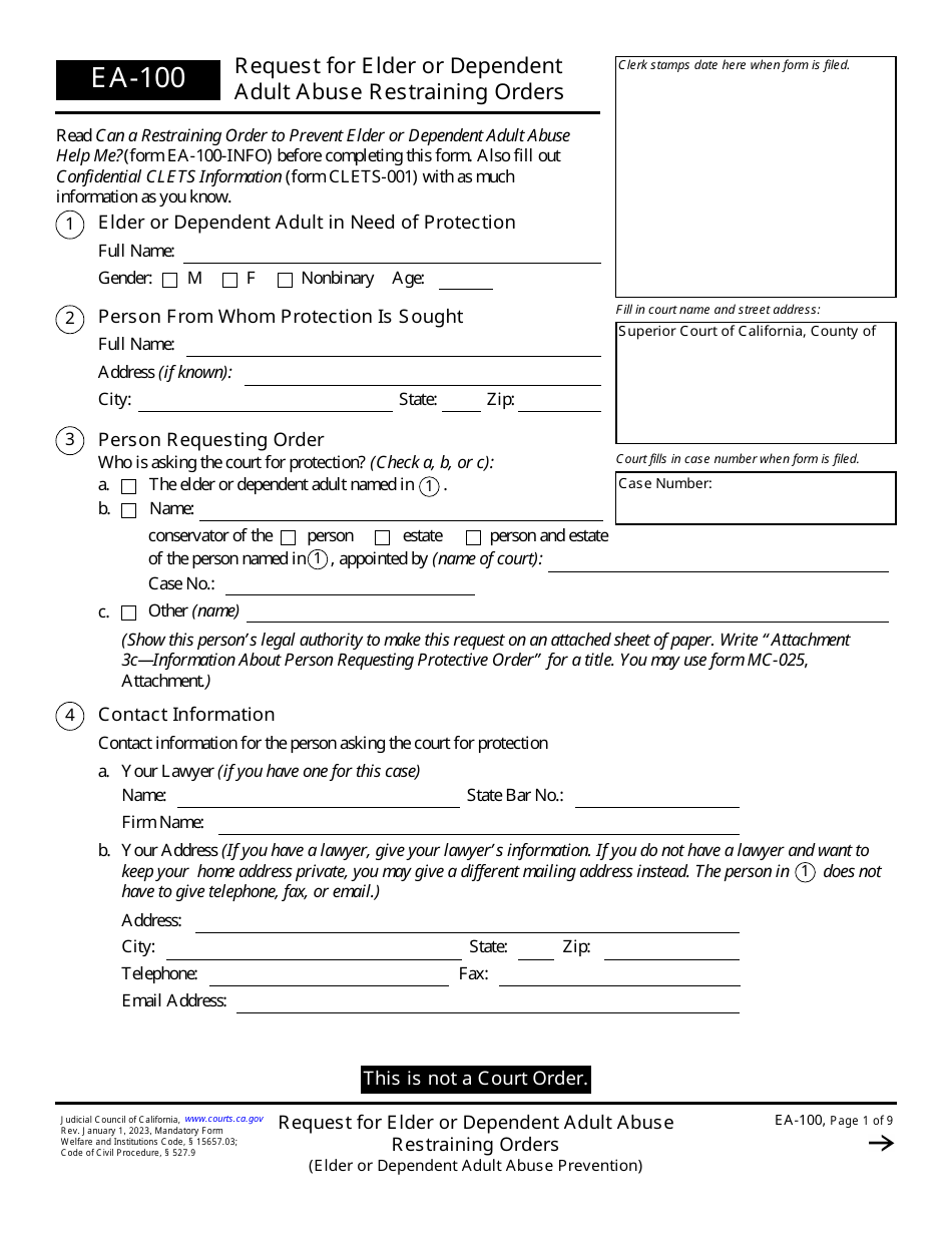 Form EA-100 Request for Elder or Dependent Adult Abuse Restraining Orders (Elder or Dependent Adult Abuse Prevention) - California, Page 1