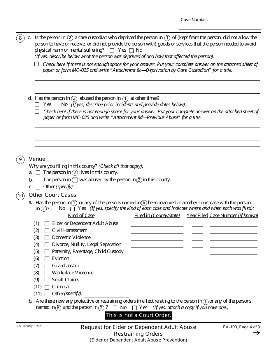Form EA-100 Request for Elder or Dependent Adult Abuse Restraining Orders (Elder or Dependent Adult Abuse Prevention) - California, Page 4