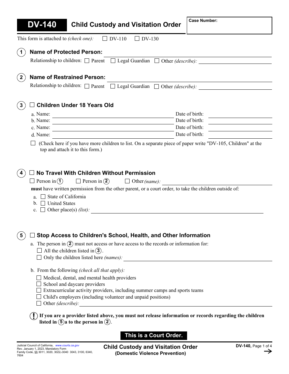 Form DV-140 Child Custody and Visitation Order (Domestic Violence Prevention) - California, Page 1