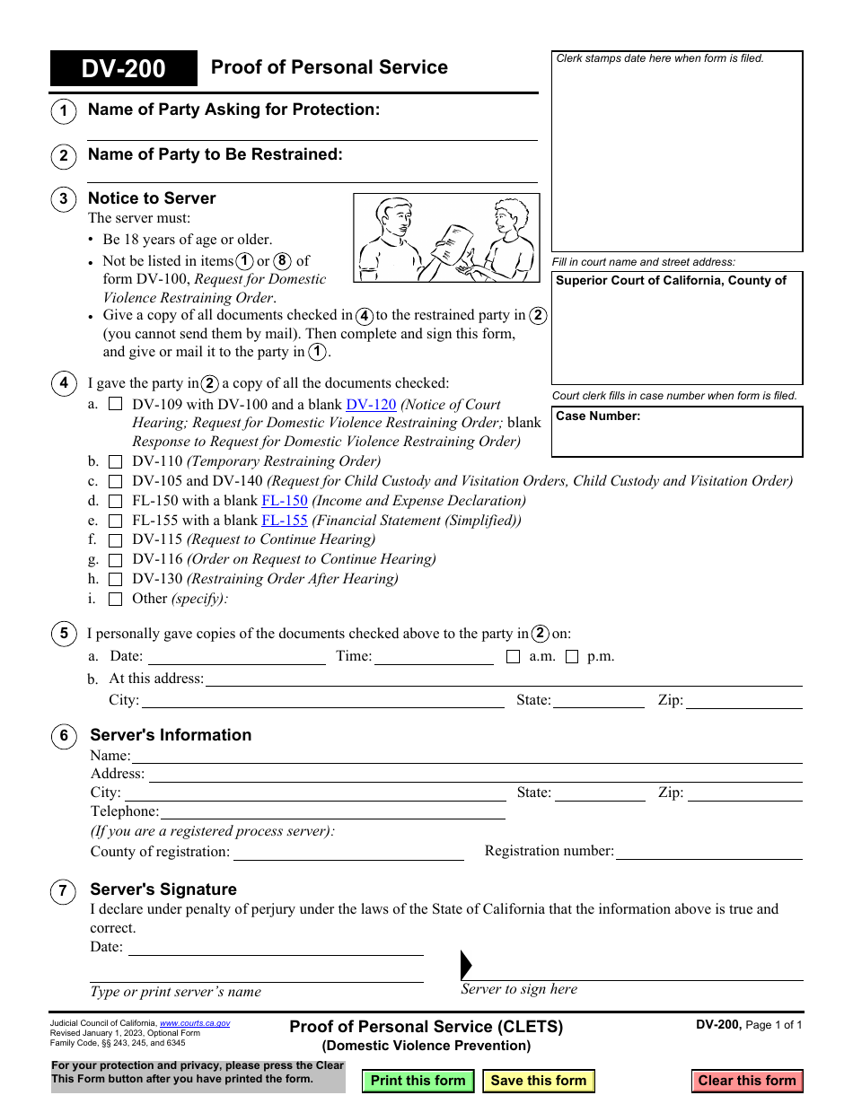 Form DV-200 Proof of Personal Service (Domestic Violence Prevention) - California, Page 1
