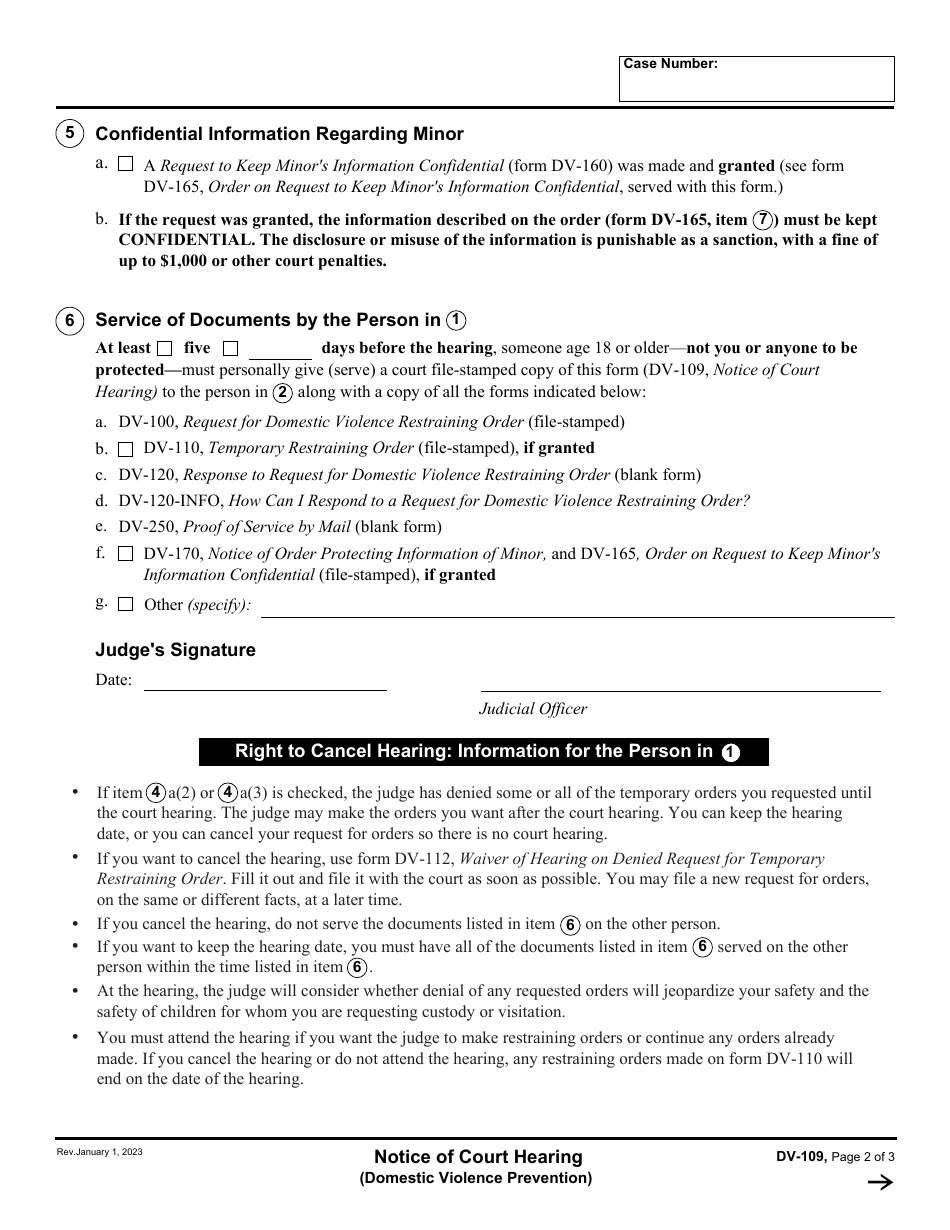 Form Dv 109 Download Fillable Pdf Or Fill Online Notice Of Court Hearing Domestic Violence 3818