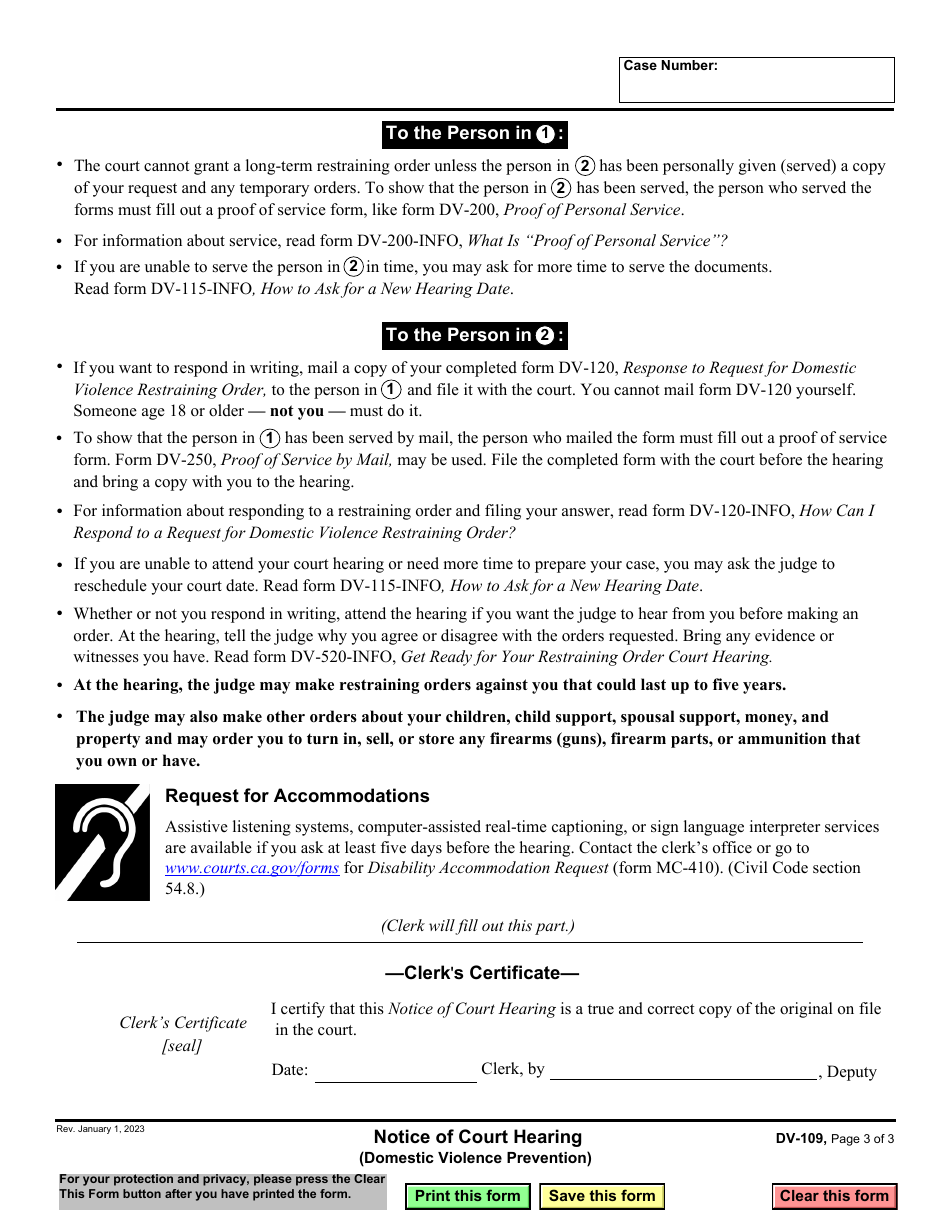 Form DV-109 Notice of Court Hearing (Domestic Violence Prevention) - California, Page 3