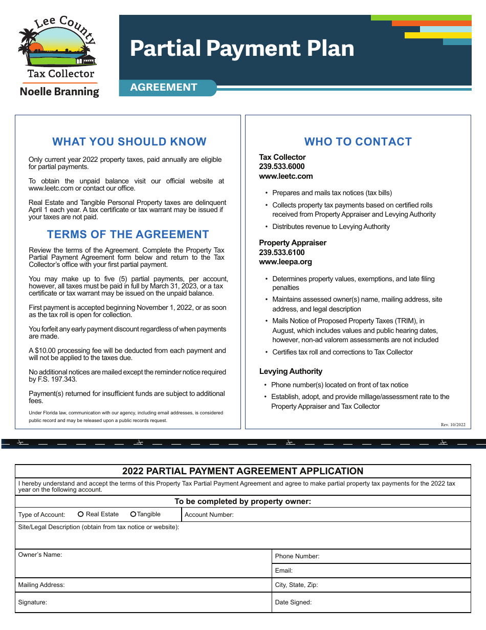 2022 Lee County, Florida Partial Payment Agreement Application Download  Printable PDF | Templateroller