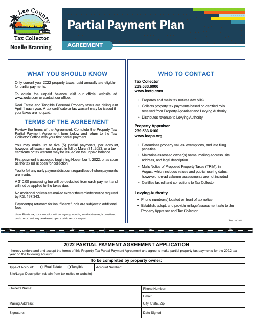 Partial Payment Agreement Application - Lee County, Florida Download Pdf