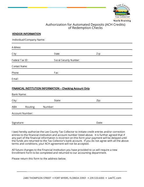 Authorization for Automated Deposits (ACH Credits) of Redemption Checks - Lee County, Florida Download Pdf