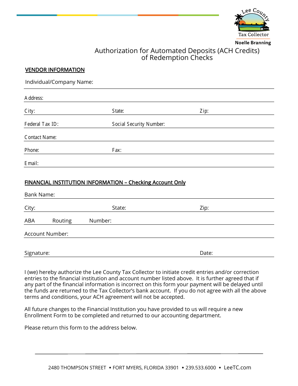 Authorization for Automated Deposits (ACH Credits) of Redemption Checks - Lee County, Florida, Page 1