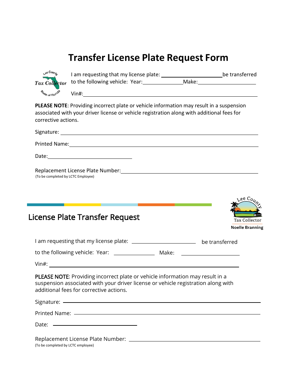 Transfer License Plate Request Form - Lee County, Florida, Page 1
