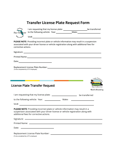 Transfer License Plate Request Form - Lee County, Florida Download Pdf