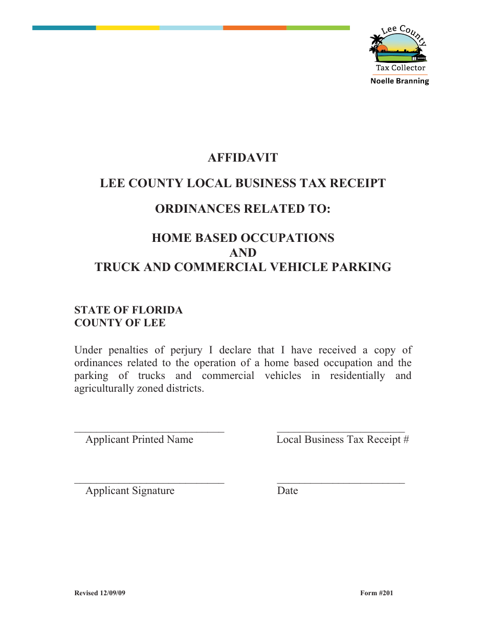 Form 201 Home Based Occupations  Truck / Commercial Parking Vehicle Affidavit - Lee County, Florida, Page 1