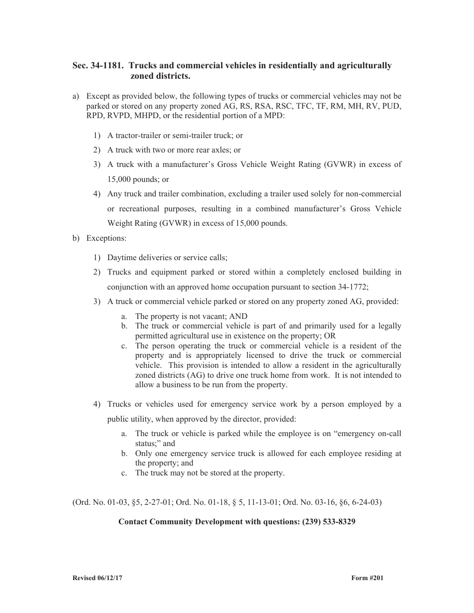 Form 201 Home Based Occupations  Truck / Commercial Parking Vehicle Affidavit - Lee County, Florida, Page 3