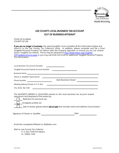 Form 190 Out of Business Affidavit - Lee County, Florida