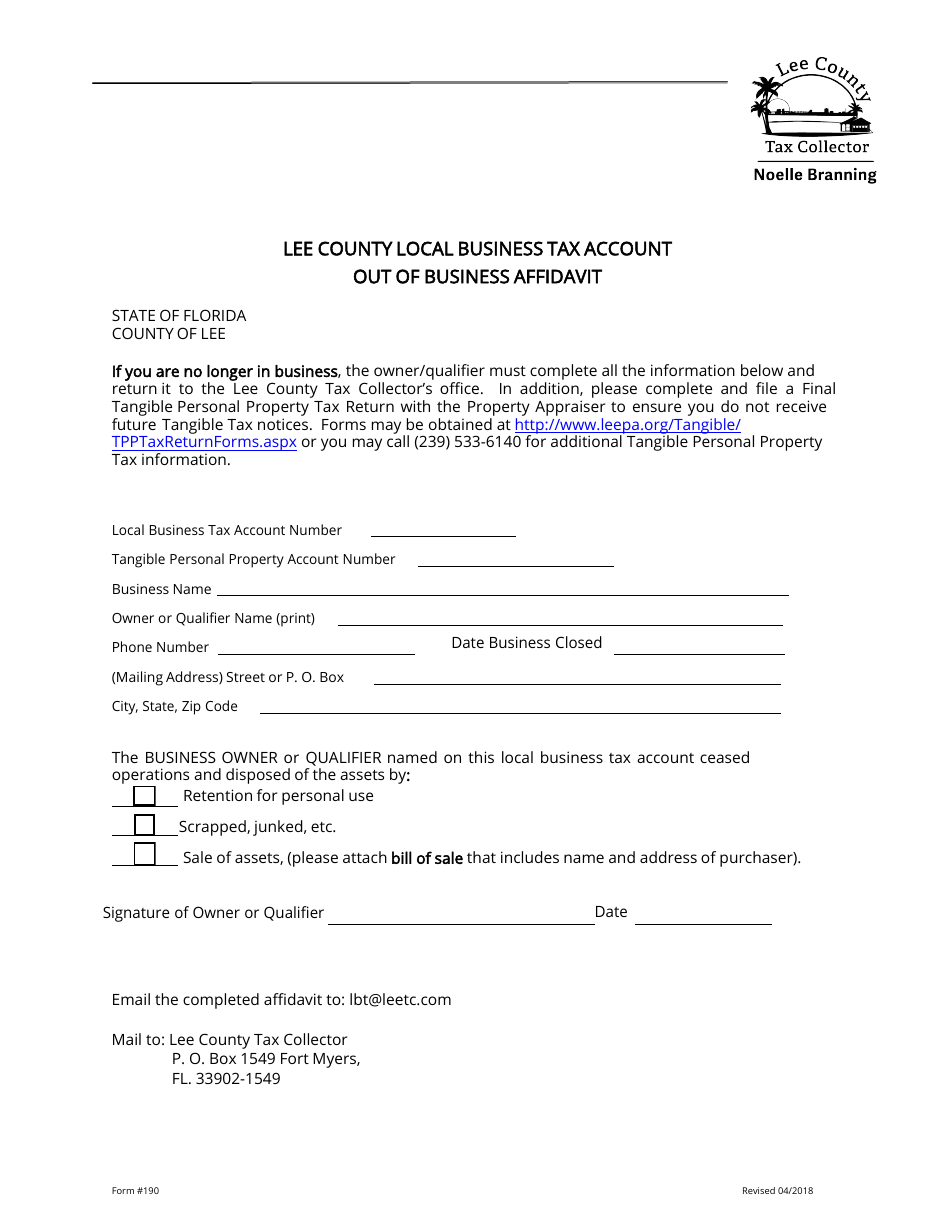 Form 190 Out of Business Affidavit - Lee County, Florida, Page 1