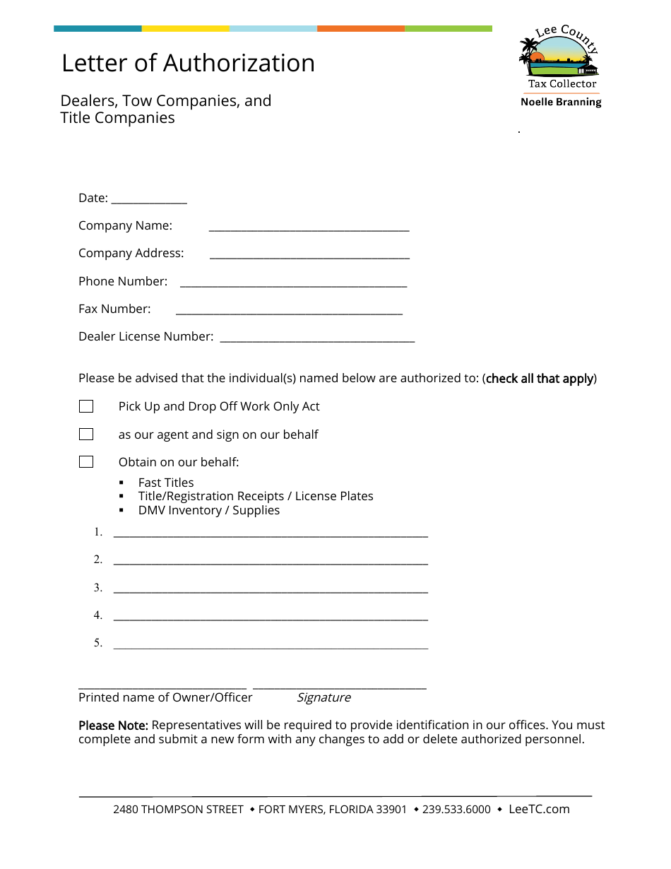 Lee County, Florida Letter of Authorization Dealers, Tow Companies