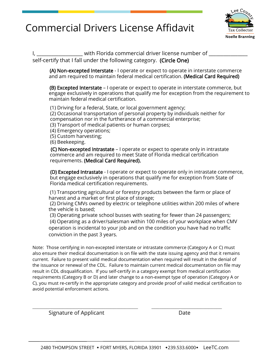 Lee County, Florida Commercial Drivers License Affidavit Fill Out
